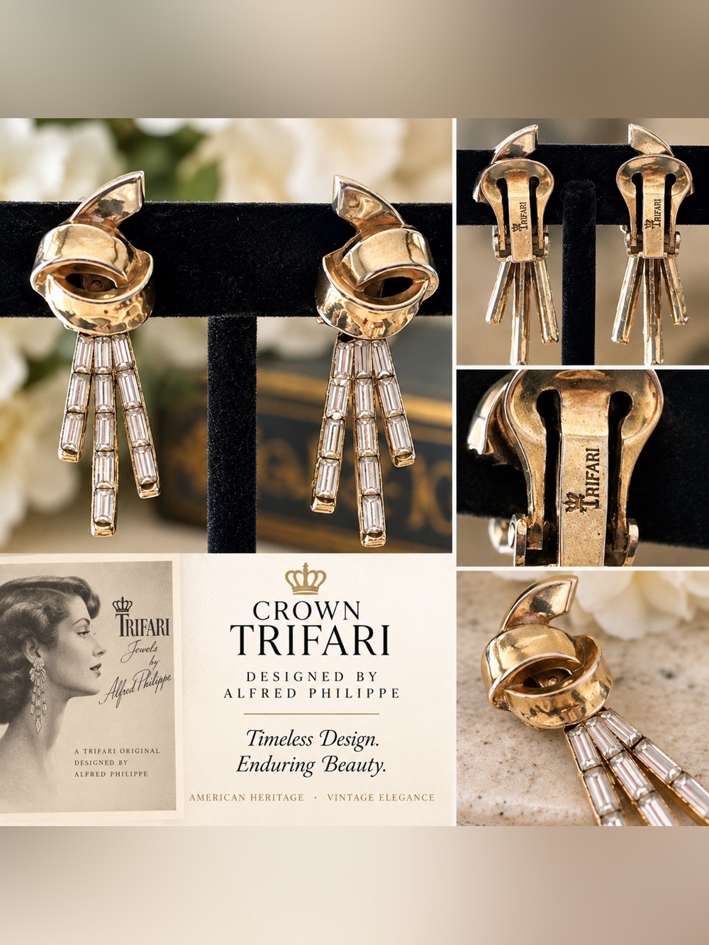 Crown Trifari Alfred Philippe Gold-Tone Clear Baguette Drop Clip Earrings